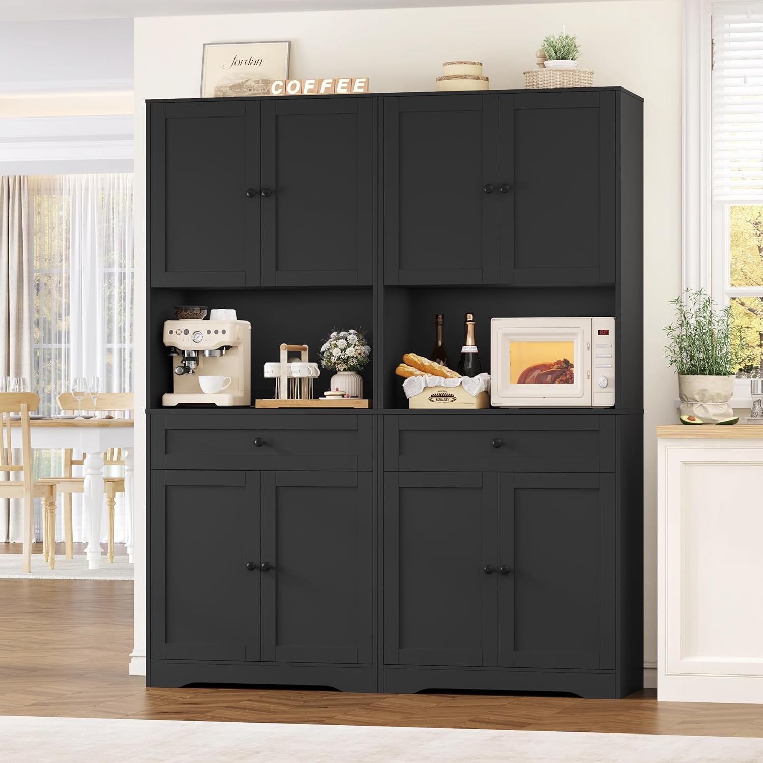 Tall Black Kitchen Cabinet Cupboard with Countertop & Adjustable Shelves
