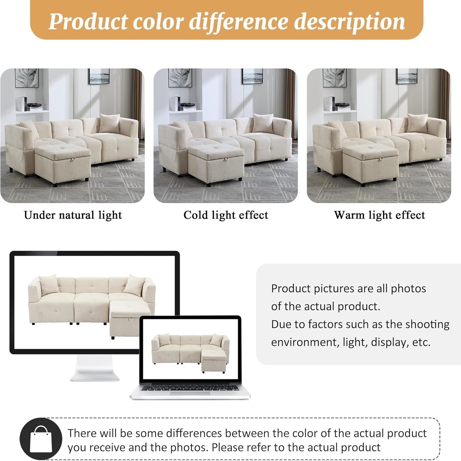 L Shape 3 Seater Sofa Bed with Storage Ottoman Beige Corner Couch Home