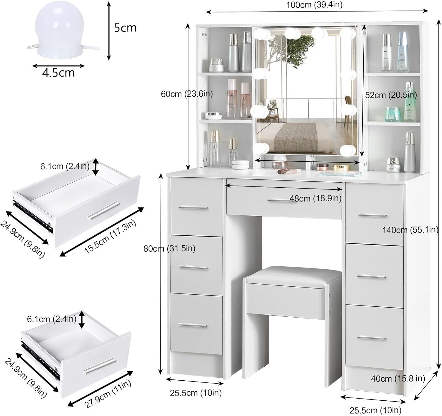 Modern Vanity Makeup Dressing Table w/Mirror Storage Drawers Lights Ivory