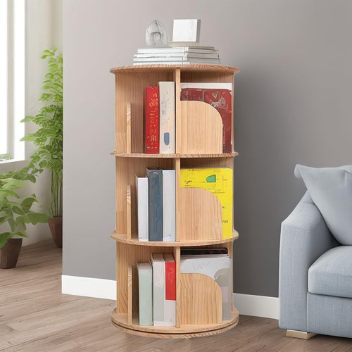 360° Rotating Bookshelf 3 Tier Wooden Storage Rack Space-Saving Bookcase