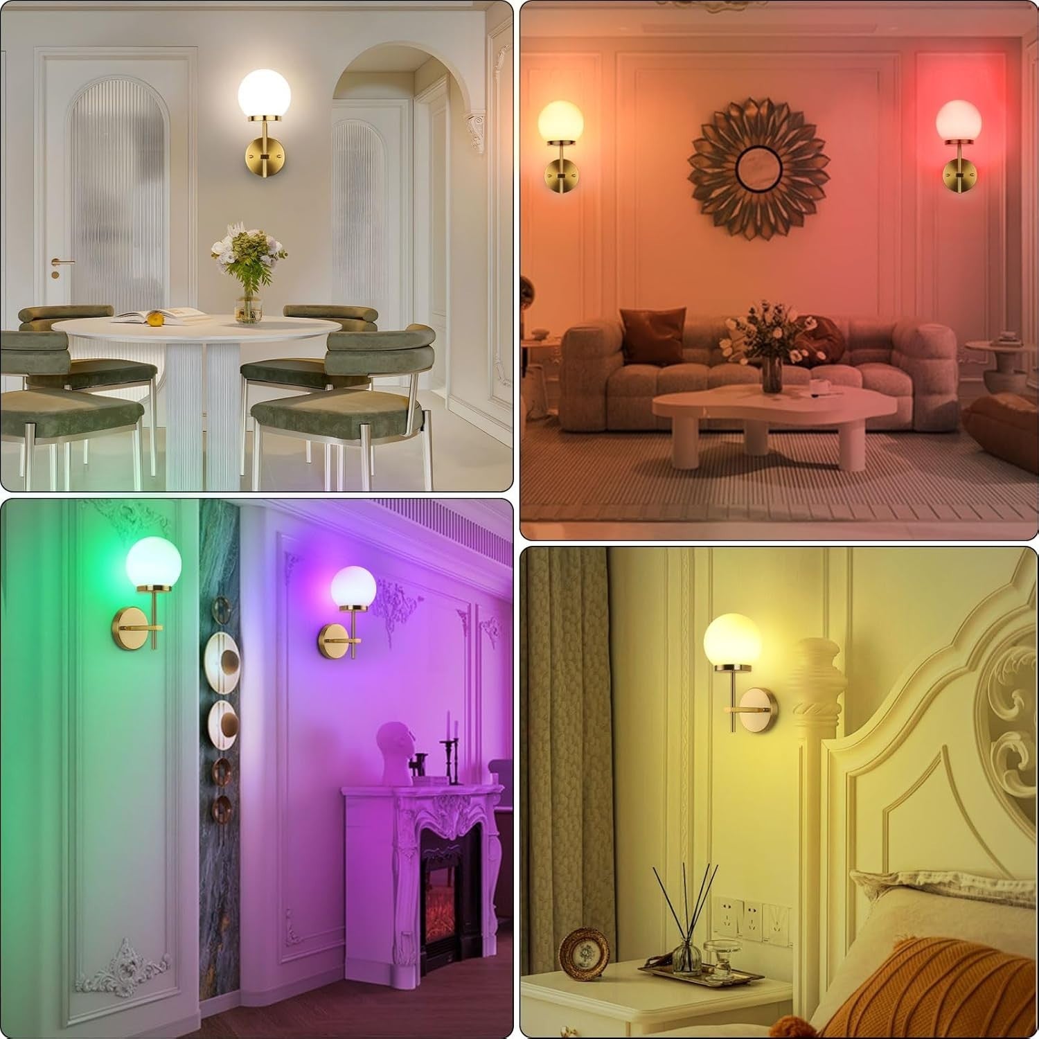 Modern Wireless Wall Sconces Set 2 Dimmable Glass RGB LED Lights Remote