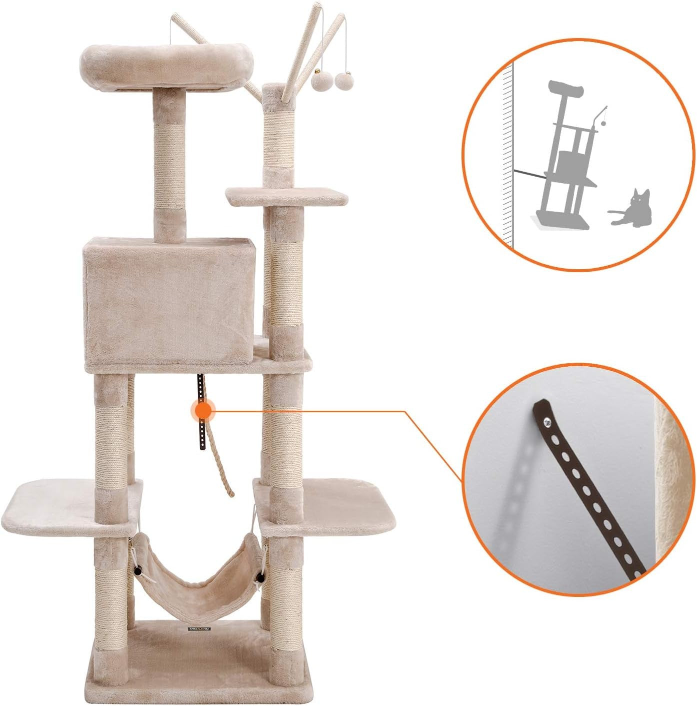 Large Cat Tree Tower with Hammock Condo Scratching Posts 154cm Beige