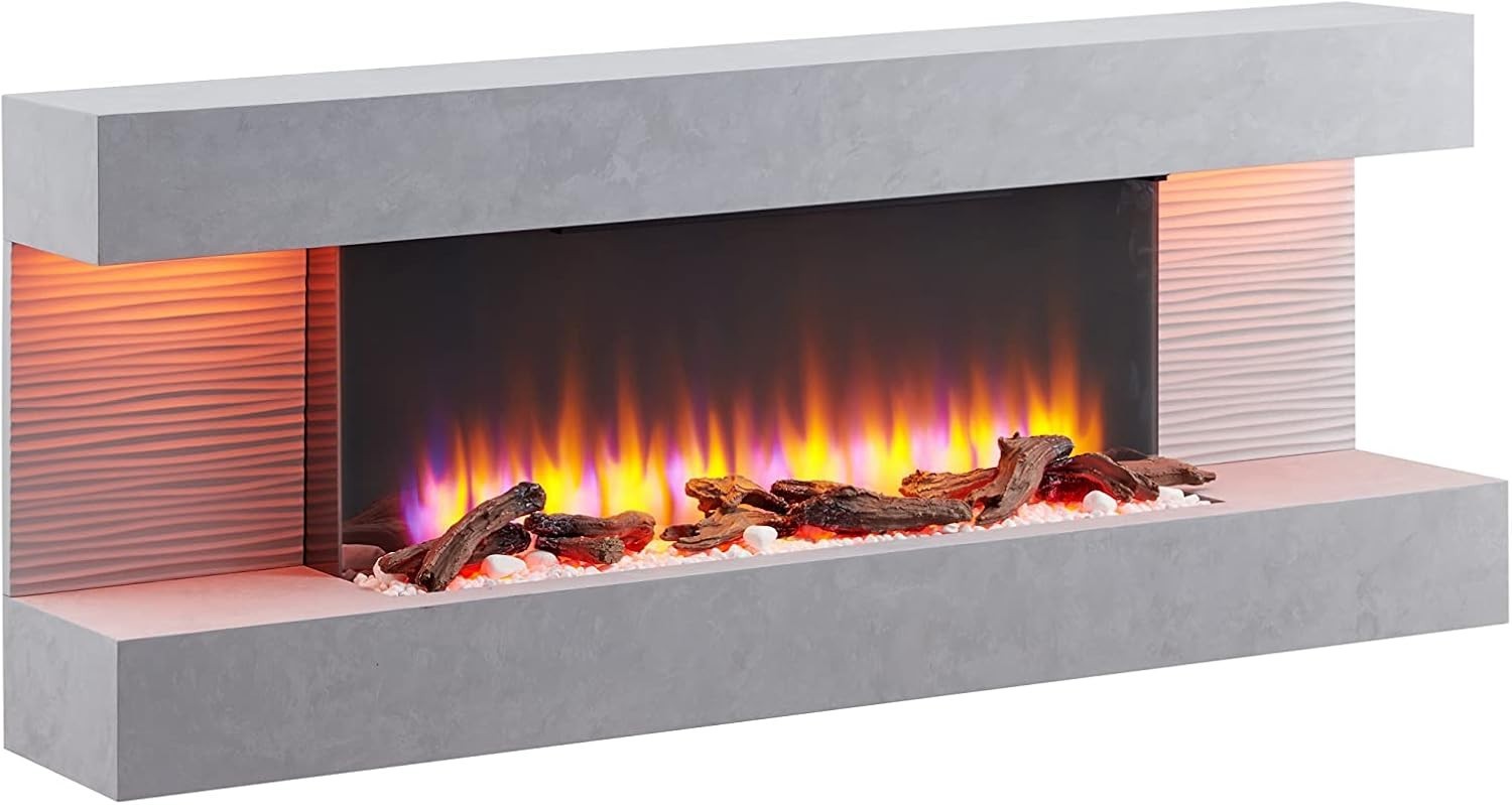 Wall Mounted Electric Fireplace 60" Cement Grey Modern LED Flame Heater