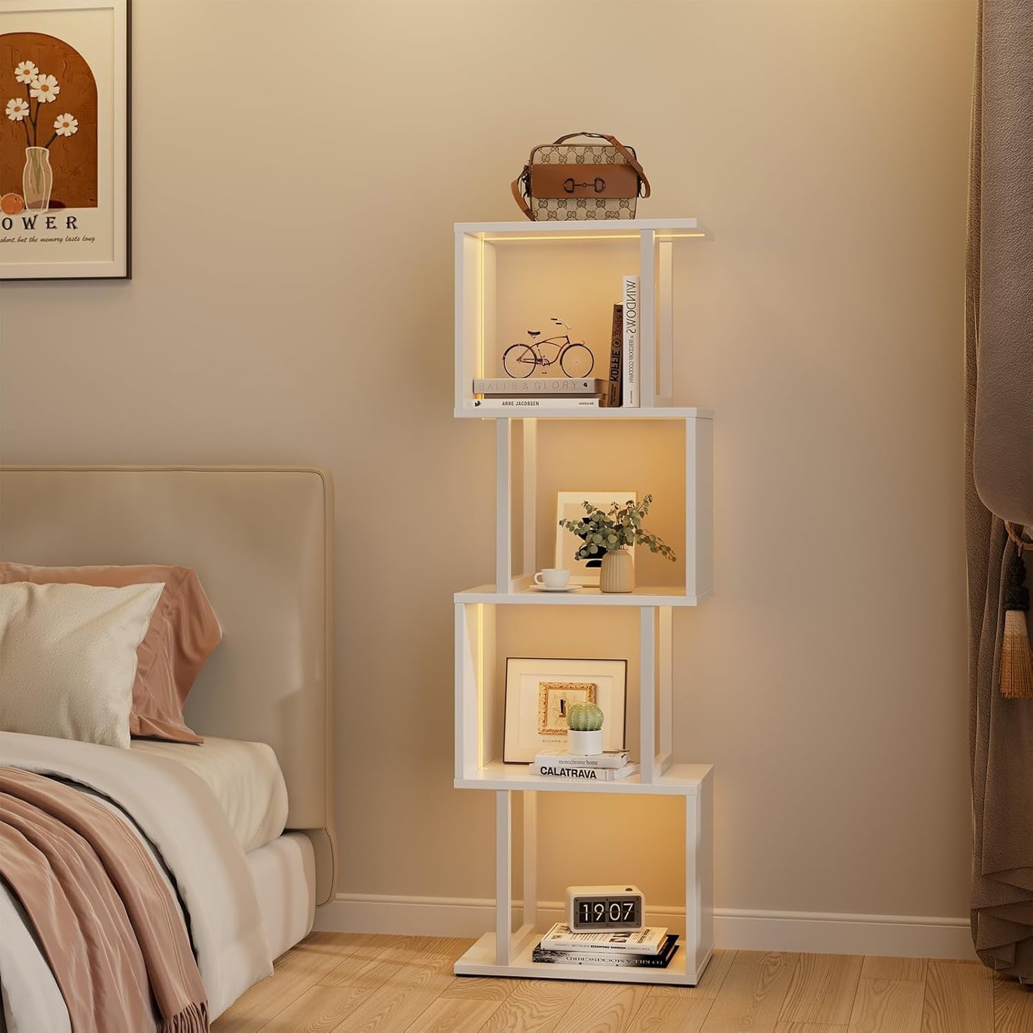 5-Tier S-Shaped Bookcase White Display Shelf with LED Lights Modern Storage Unit