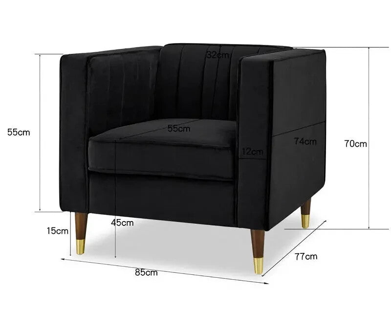 Black Velvet Armchair 1 Seater Sofa Ribbed Gold Leg Modern Lounge Chair