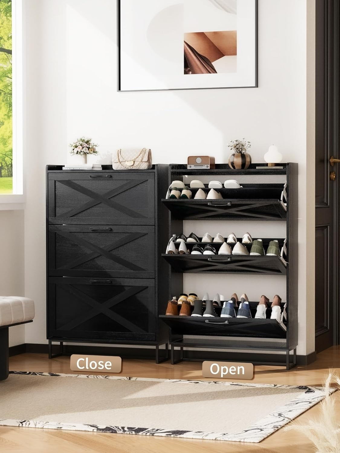 Slim Black Shoe Cabinet 3 Drawer Fold Rack 80cm Wide Entryway Storage