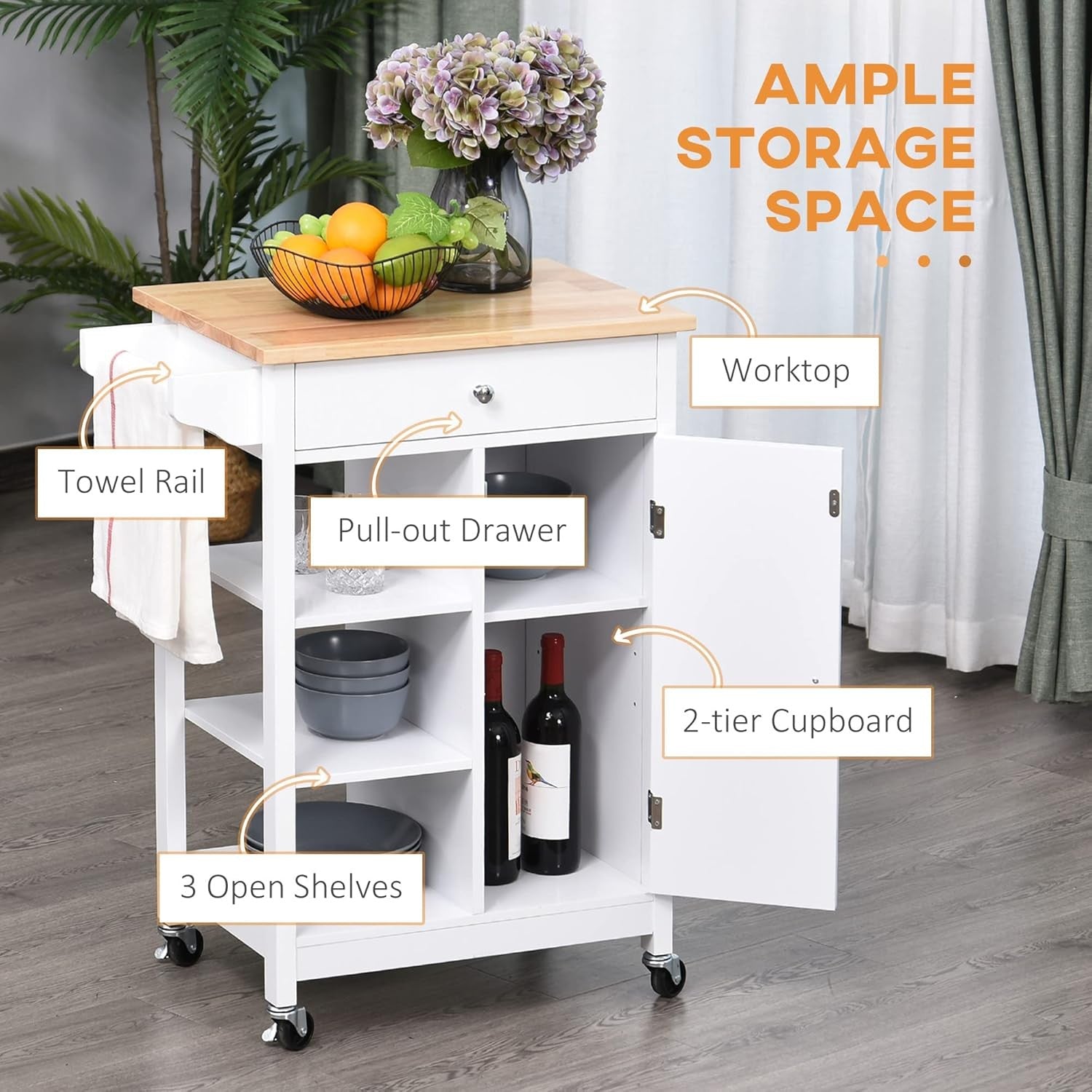 Kitchen Island Trolley on Wheels with Wood Top Cupboard Shelves White