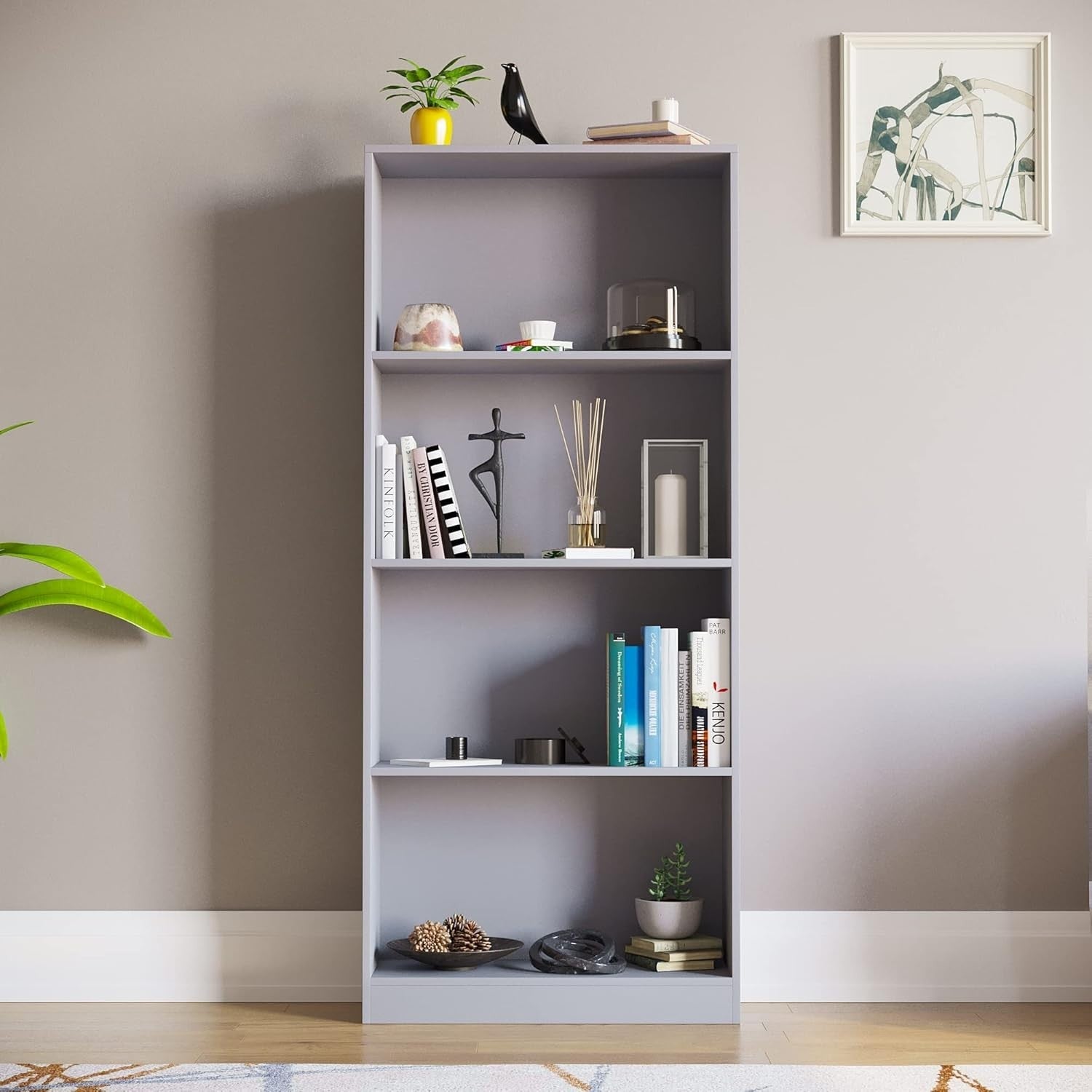 4 Tier Grey Wooden Bookcase Modern Storage Display Shelf for Living Room