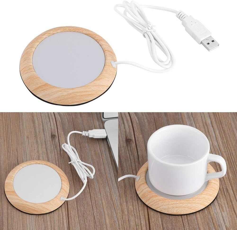USB Cup Warmer Brown Wood Grain Desk Coffee Heater Pad