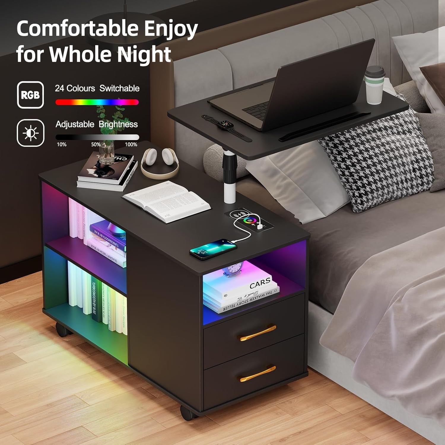 360° LED Smart Bedside Table with Laptop Tray, Wireless Charging & Storage