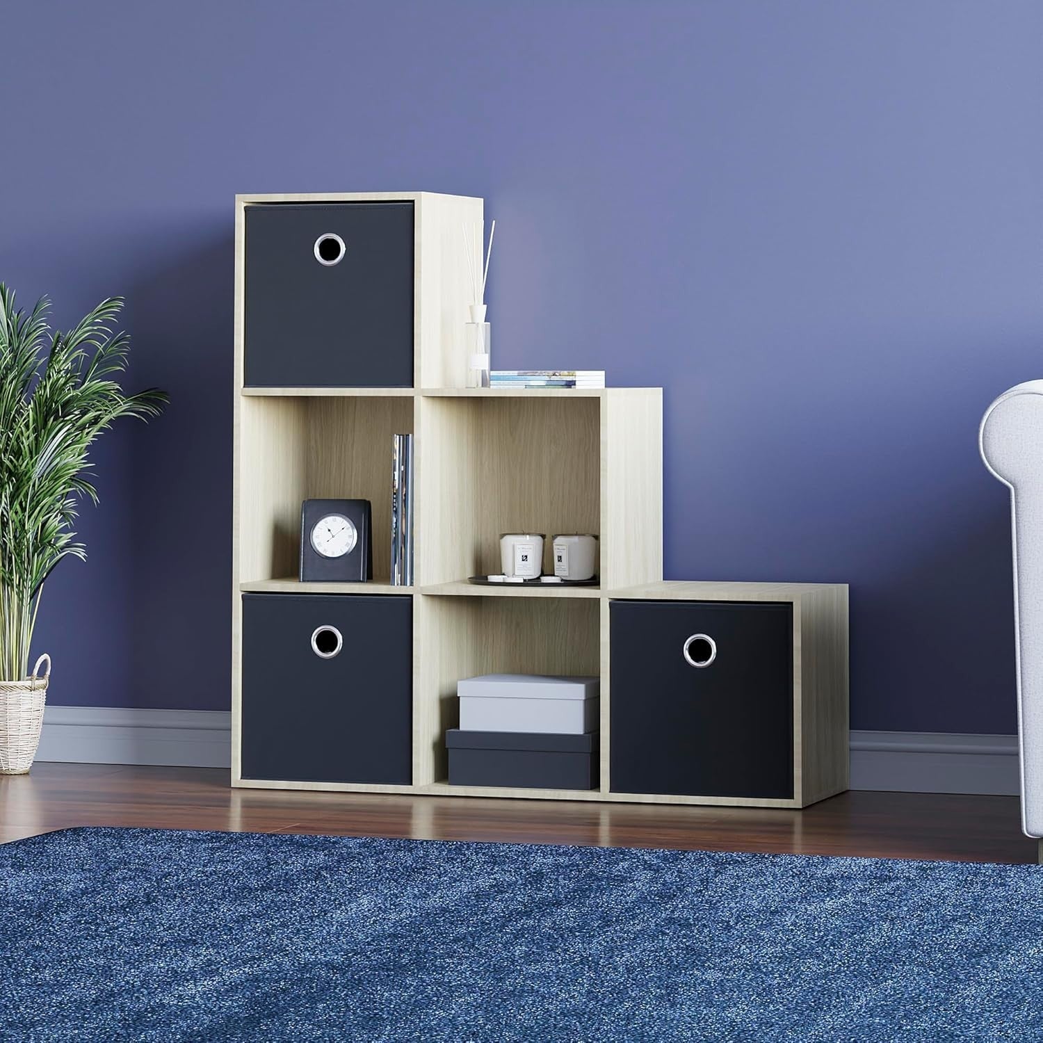 6 Cube Oak Staircase Bookcase with 3 Baskets – Modern Durable Storage