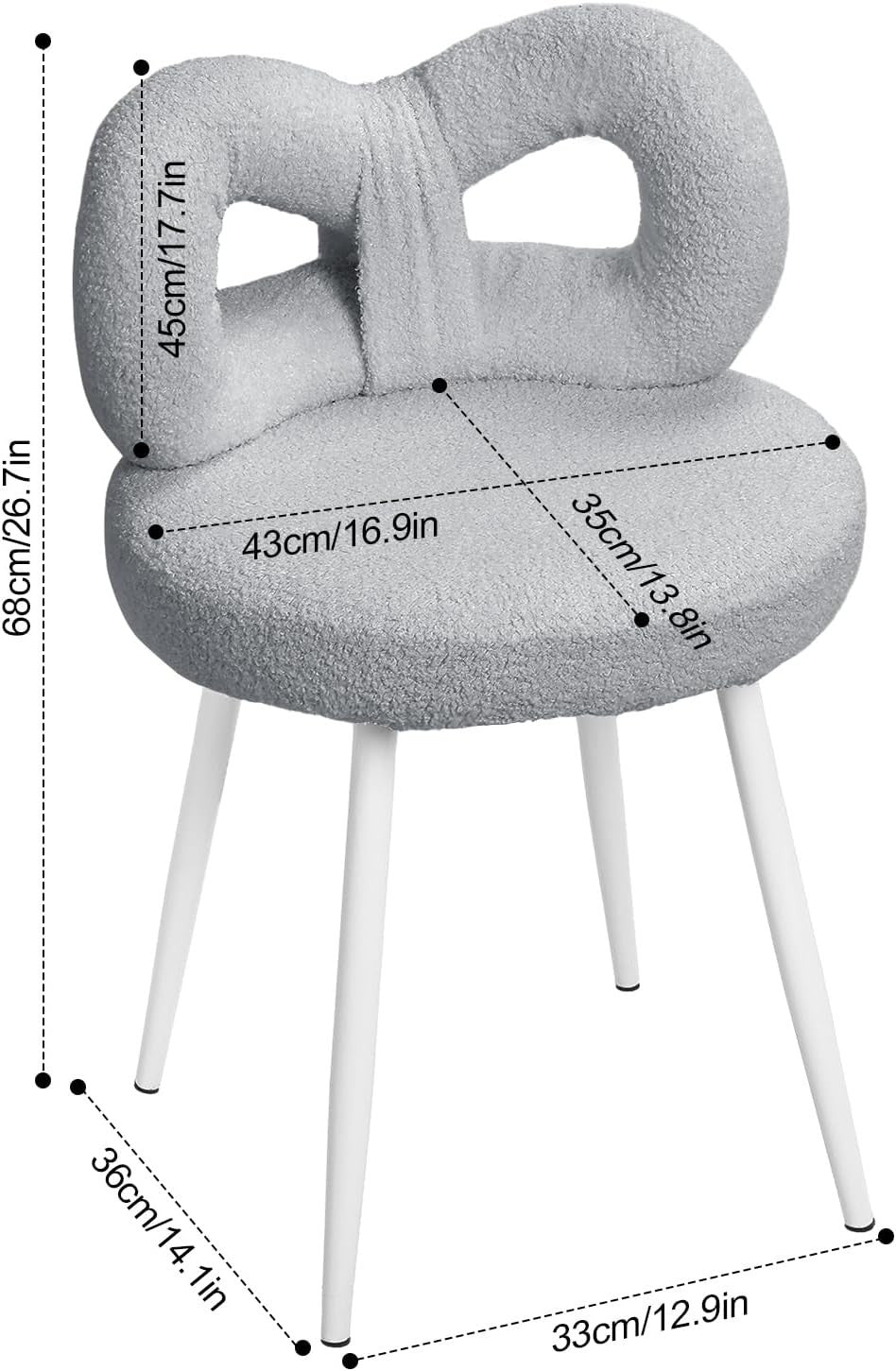Grey Bowknot Vanity Stool Faux Wool Makeup Chair Adjustable Feet Modern