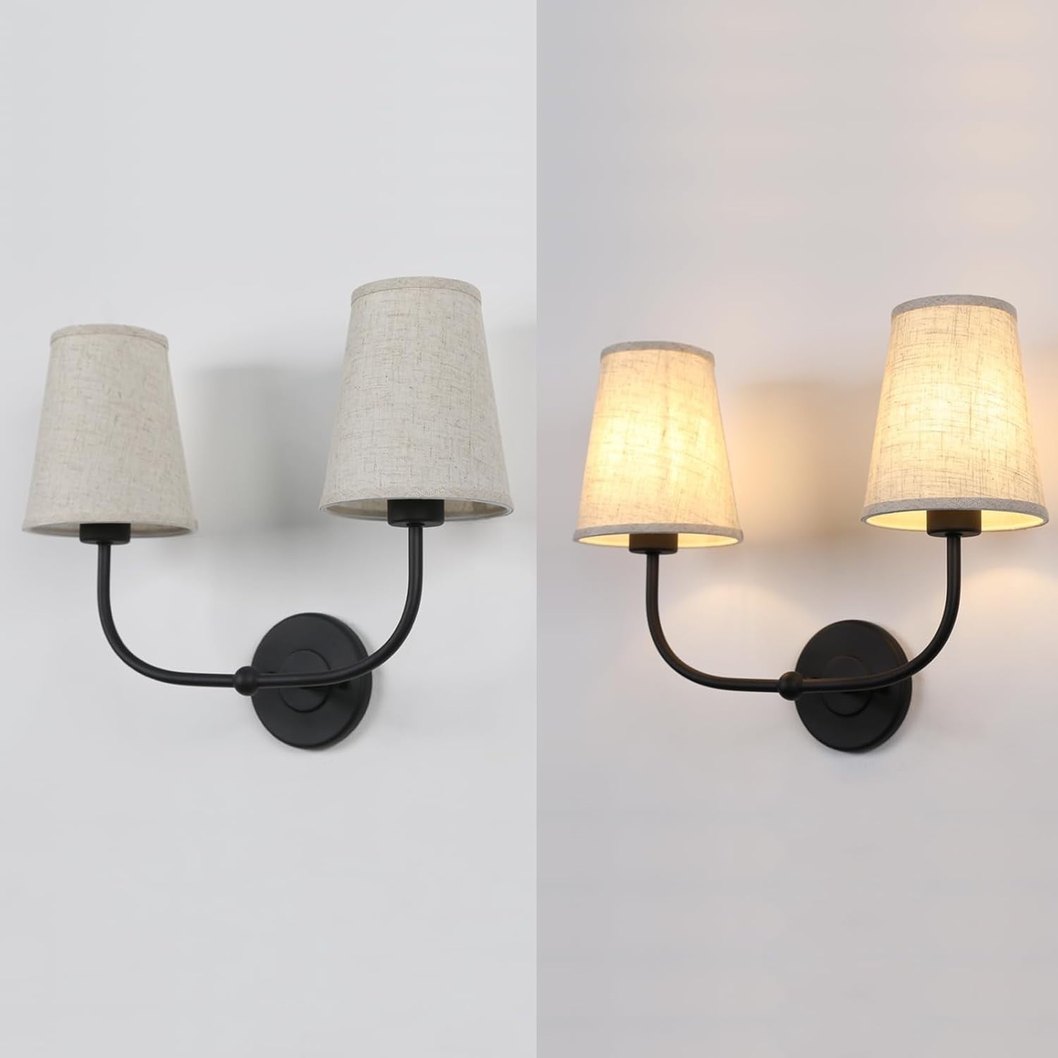 Black 2-Light Wall Sconce Linen Shades Vintage Bedroom & Bathroom Lamp