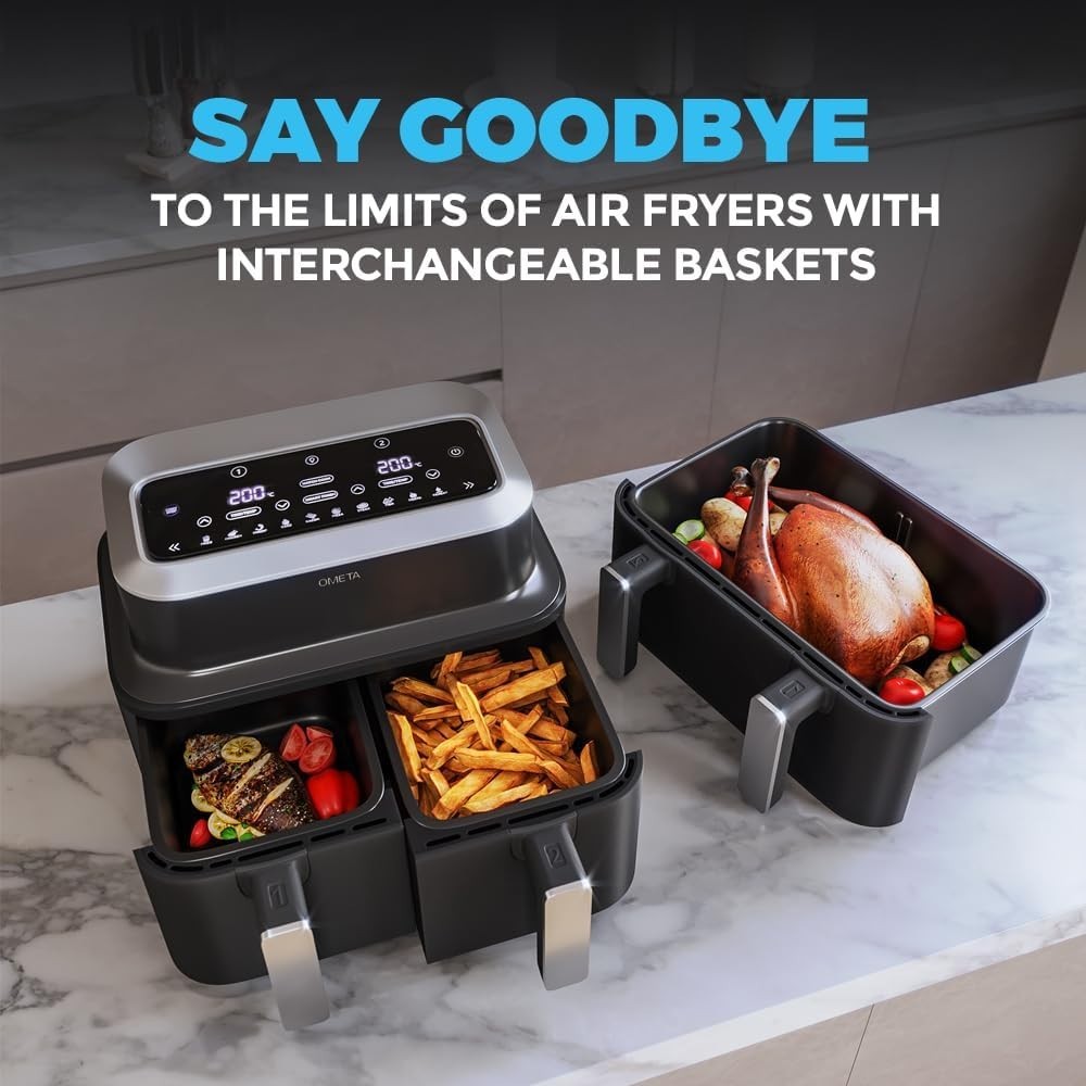 Dual Air Fryer 9L 3 Basket Set Dishwasher Safe Match Sync Cook 10 Presets