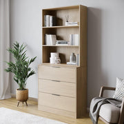 80cm Oak 3 Drawer Wooden Storage Chest Cabinet with Oak Bookcase Shelving