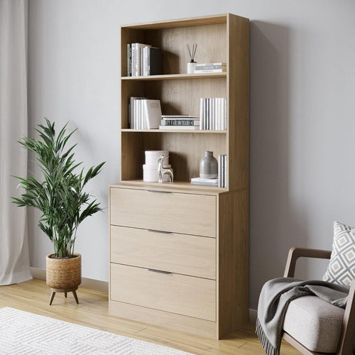 80cm Oak 3 Drawer Wooden Storage Chest Cabinet with Oak Bookcase Shelving