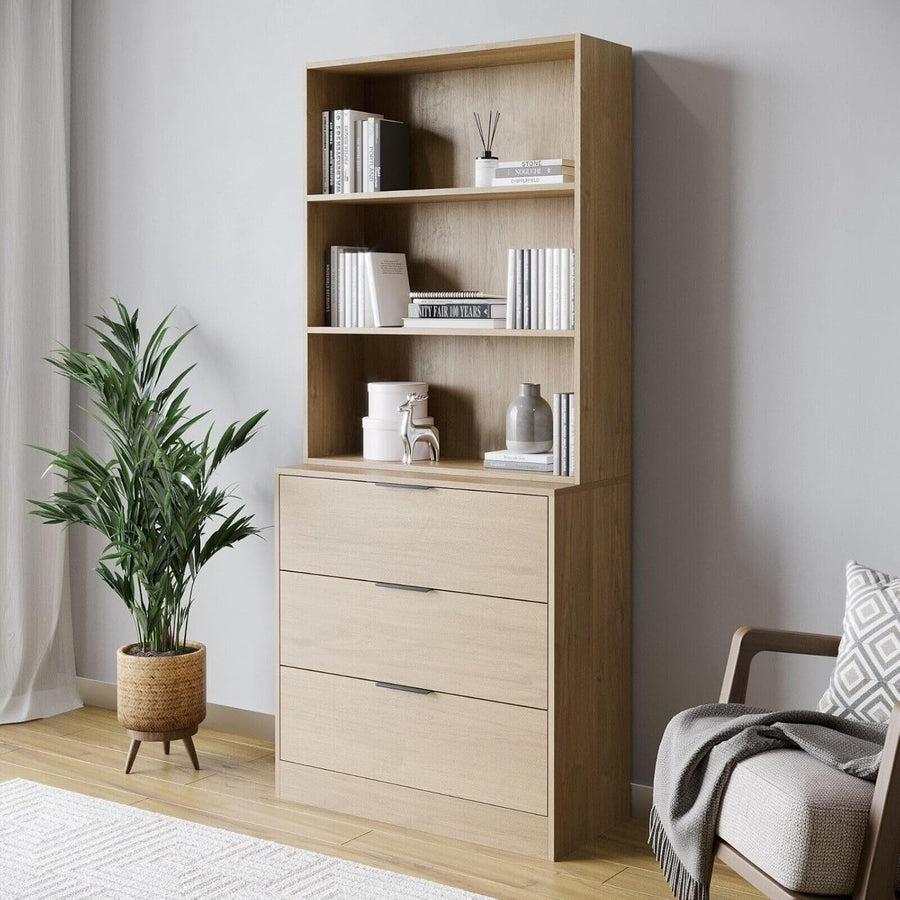 80cm Oak 3 Drawer Wooden Storage Chest Cabinet with Oak Bookcase Shelving