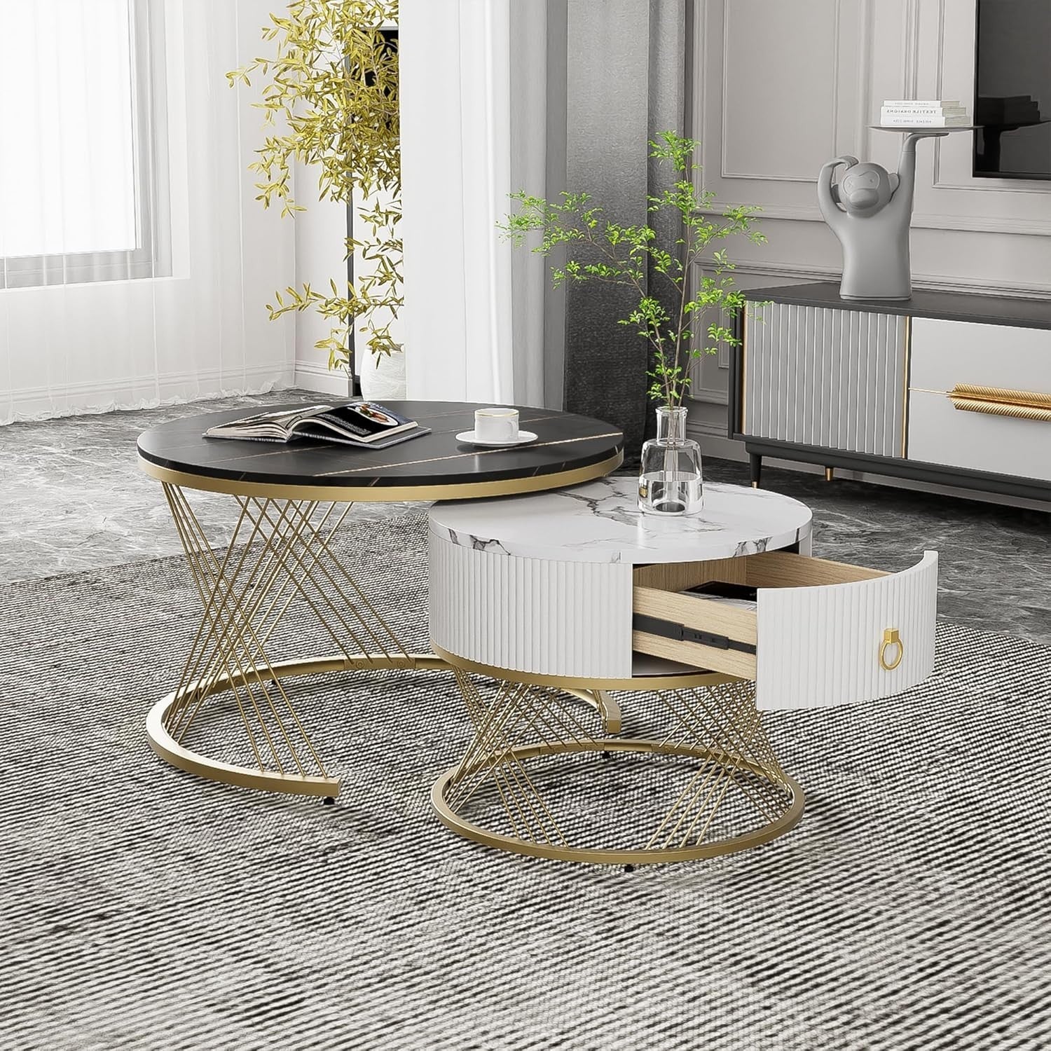 Marble Nesting Coffee Table Set with Drawer – Gold Legs, Modern & Space Saving