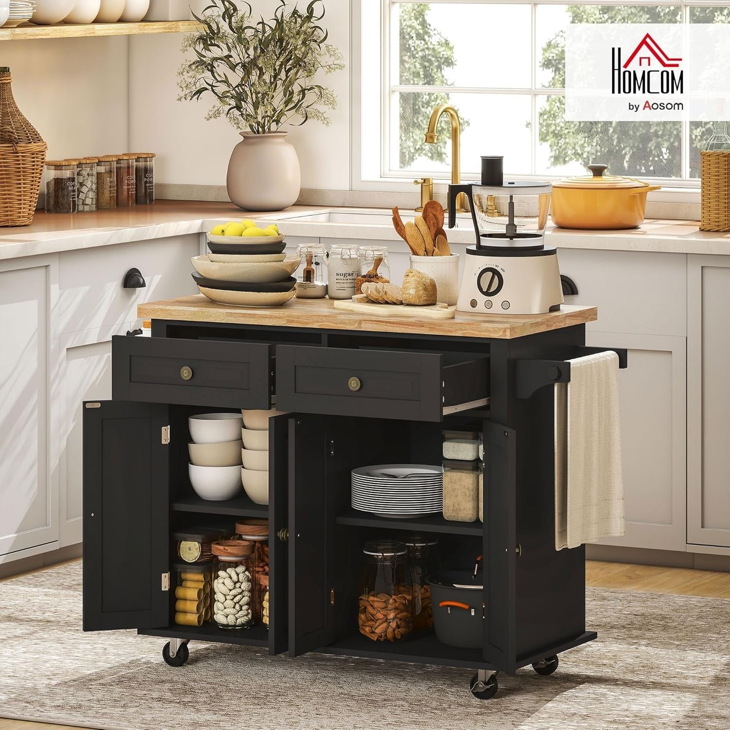 Kitchen Island Cart on Wheels w/ Drawers Cabinet Wood Top