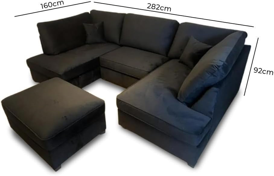 4PC U Shape Sofa with Footstool – Black Plush Sectional – 5/6 Seater Modular.