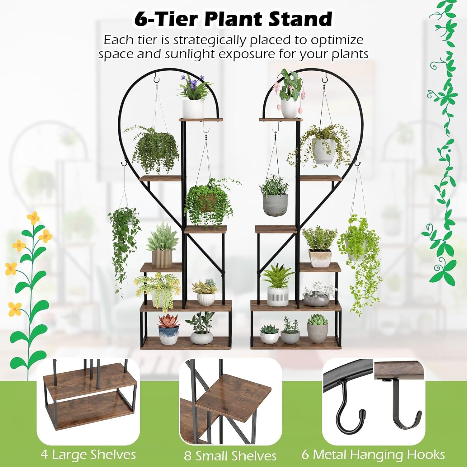 6 Tier Tall Metal Plant Stand Indoor Outdoor Heart Shape Flower Shelf