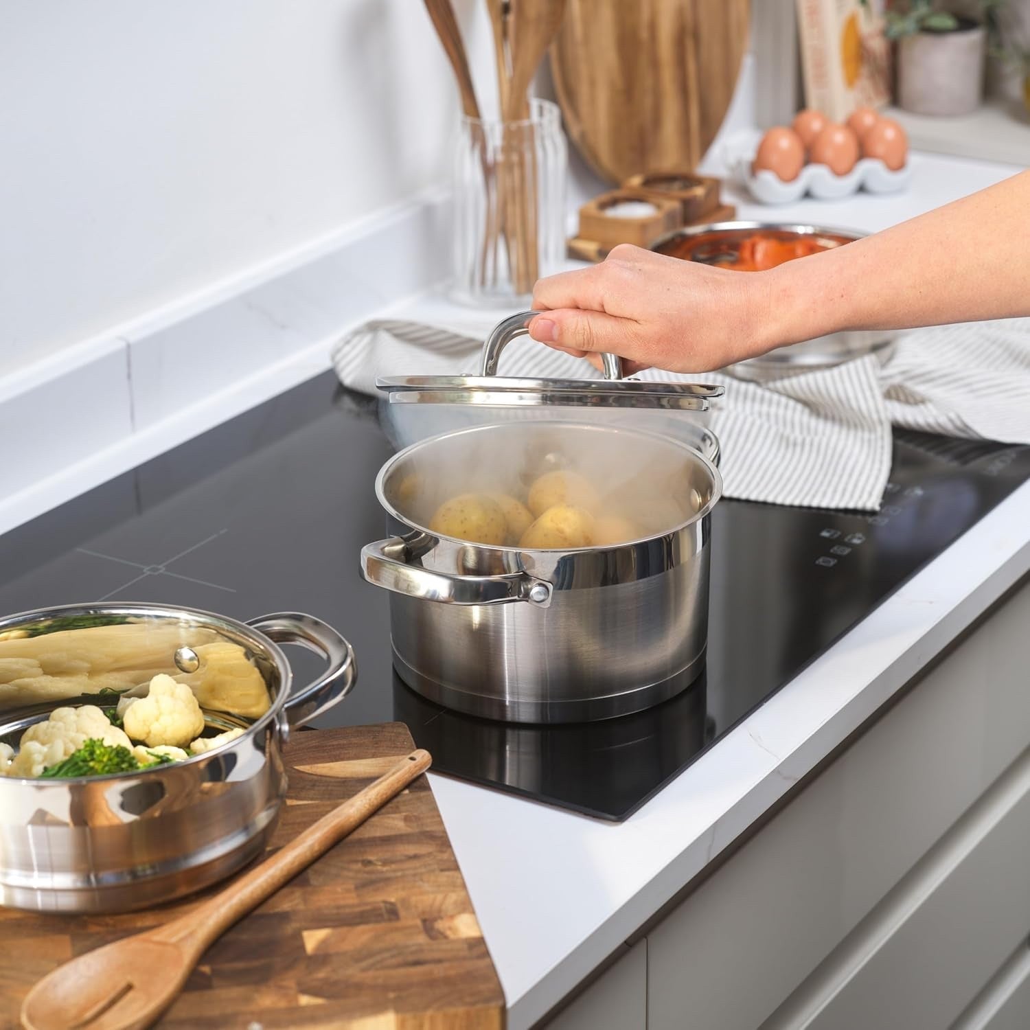 3 Tier Stainless Steel Induction Steamer Pot – 18 cm Stackable Cooking Pans