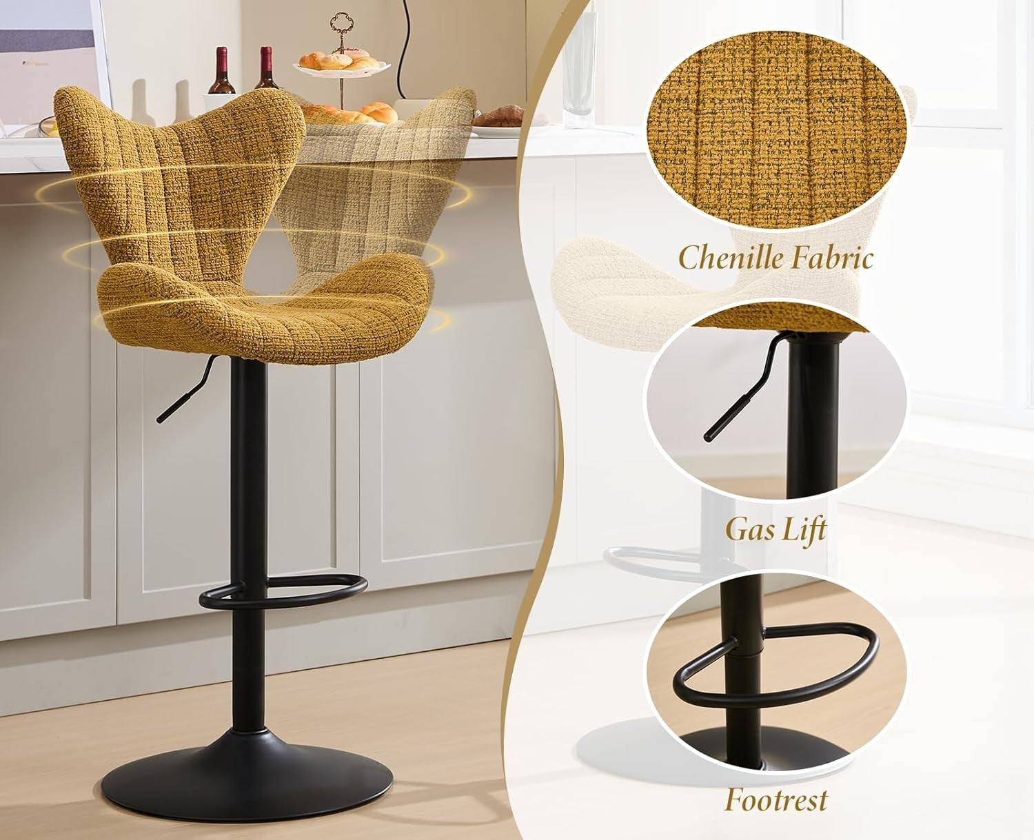 Yellow Wing-Back Bar Stools Set of 2 | Chenille Seat, Swivel & Adjustable