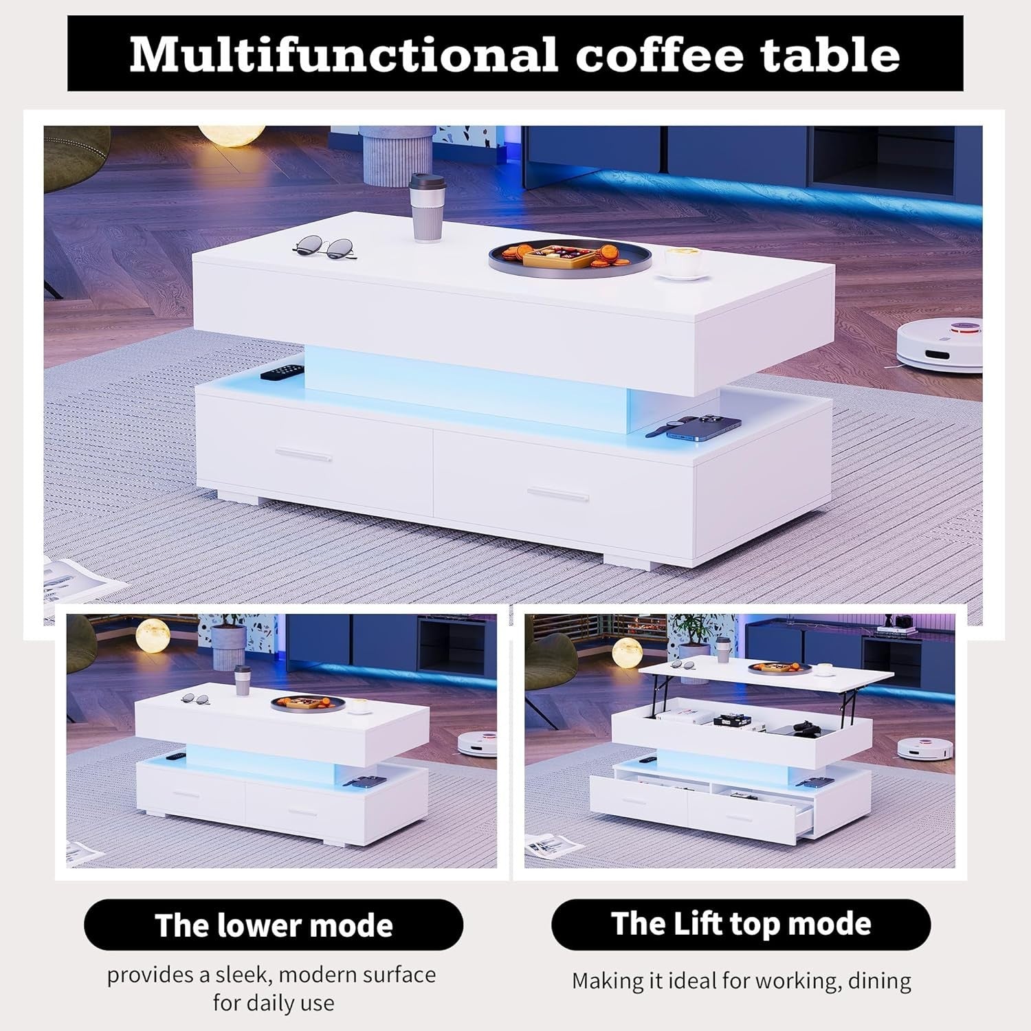 LED Lift Top Coffee Table with Storage Drawers, RGB Lights, Modern White