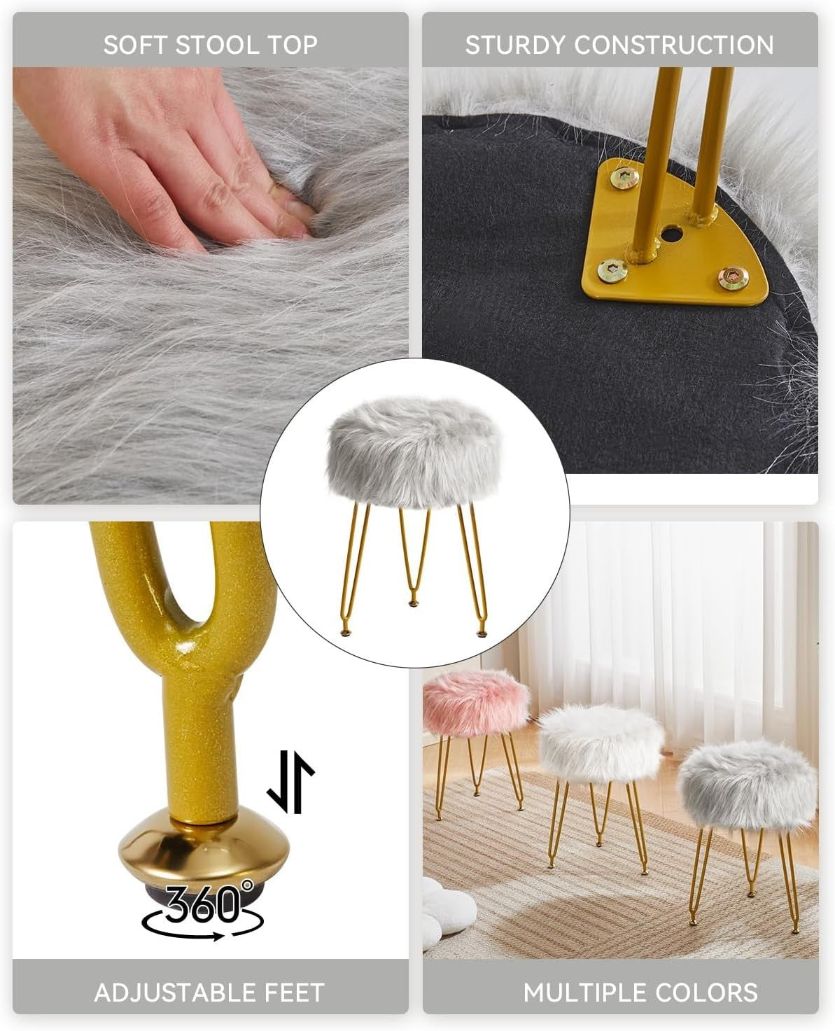 Gray Faux Fur Round Vanity Stool – Soft Padded Makeup Seat with Metal Legs