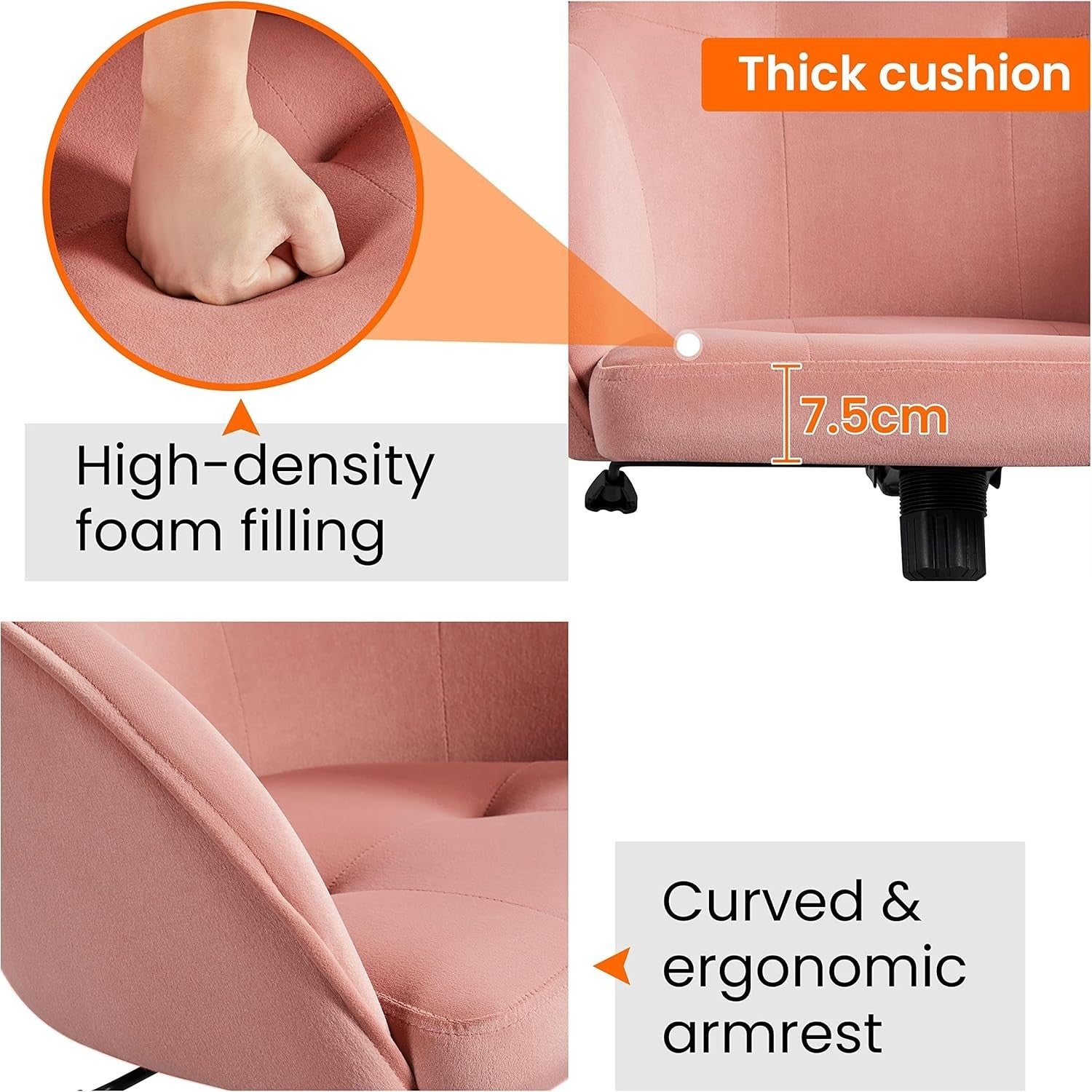 Pink Velvet Desk Chair Home Office Swivel Adjustable Height Back Support