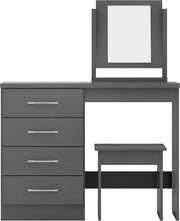 Modern Grey 4-Drawer Dressing Table Set Vanity Mirror & Stool Bedroom Furniture