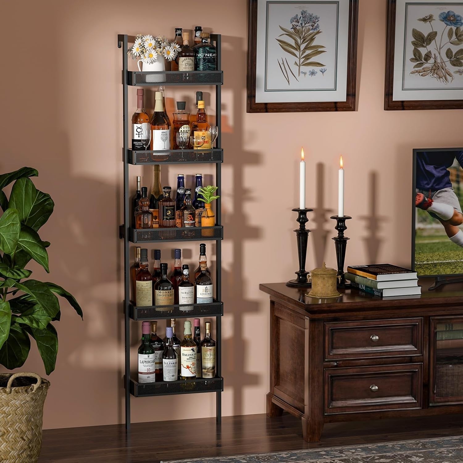 Tall Freestanding Wine Rack 5-Tier Metal & Wood Storage Shelves Holds 50 Bottles