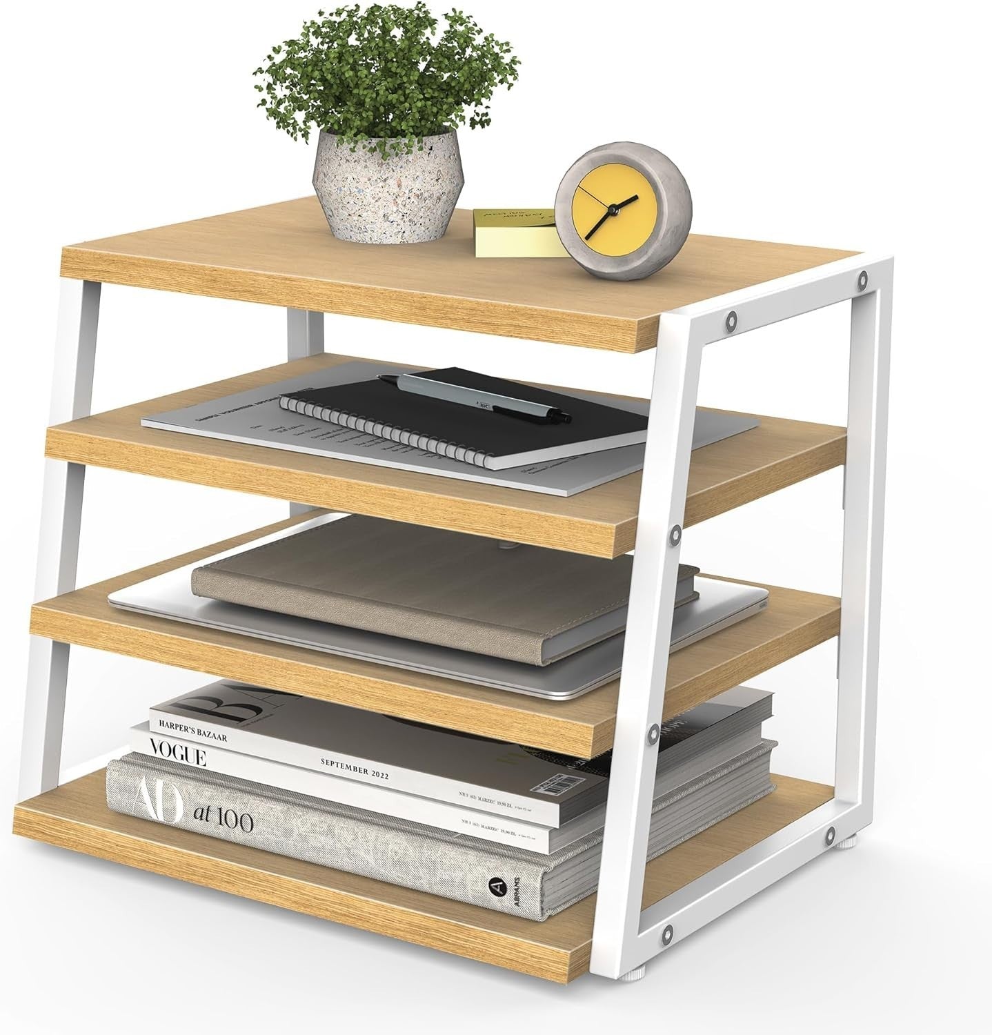 4 Tier Desk File Organizer Shelf A4 Paper Tray Wood Metal Office Rack