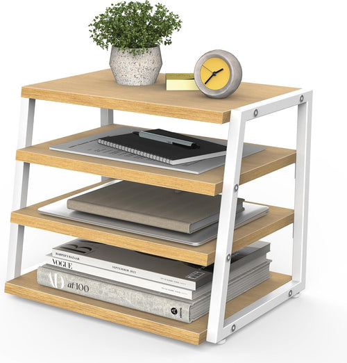 4 Tier Desk File Organizer Shelf A4 Paper Tray Wood Metal Office Rack