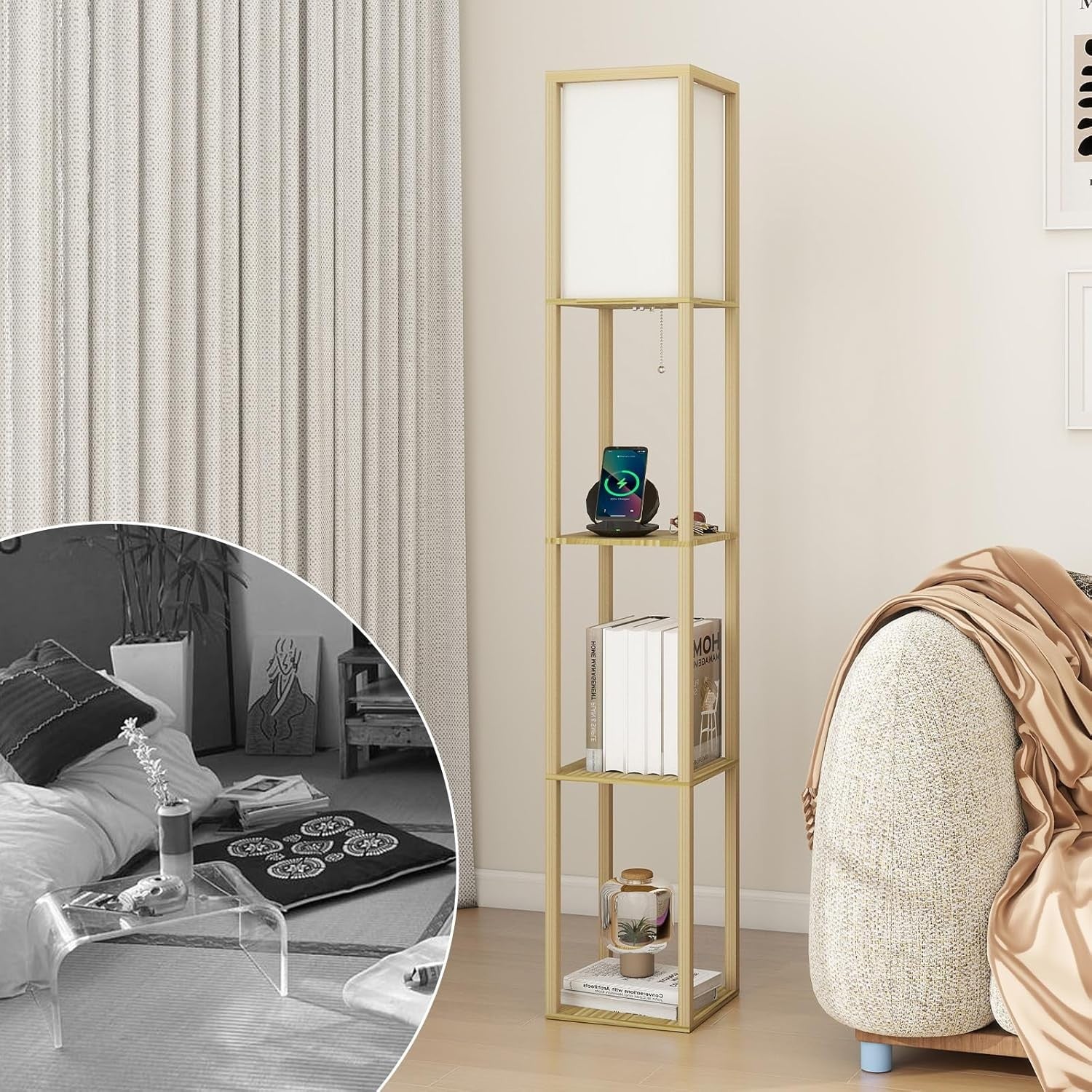 Floor Lamp with Shelves Storage Standing Light Wooden Modern E27 Tall
