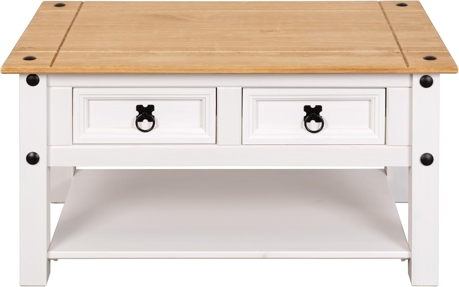 Solid Pine White Coffee Table with 2 Drawers Mexican Style 85x50x45cm