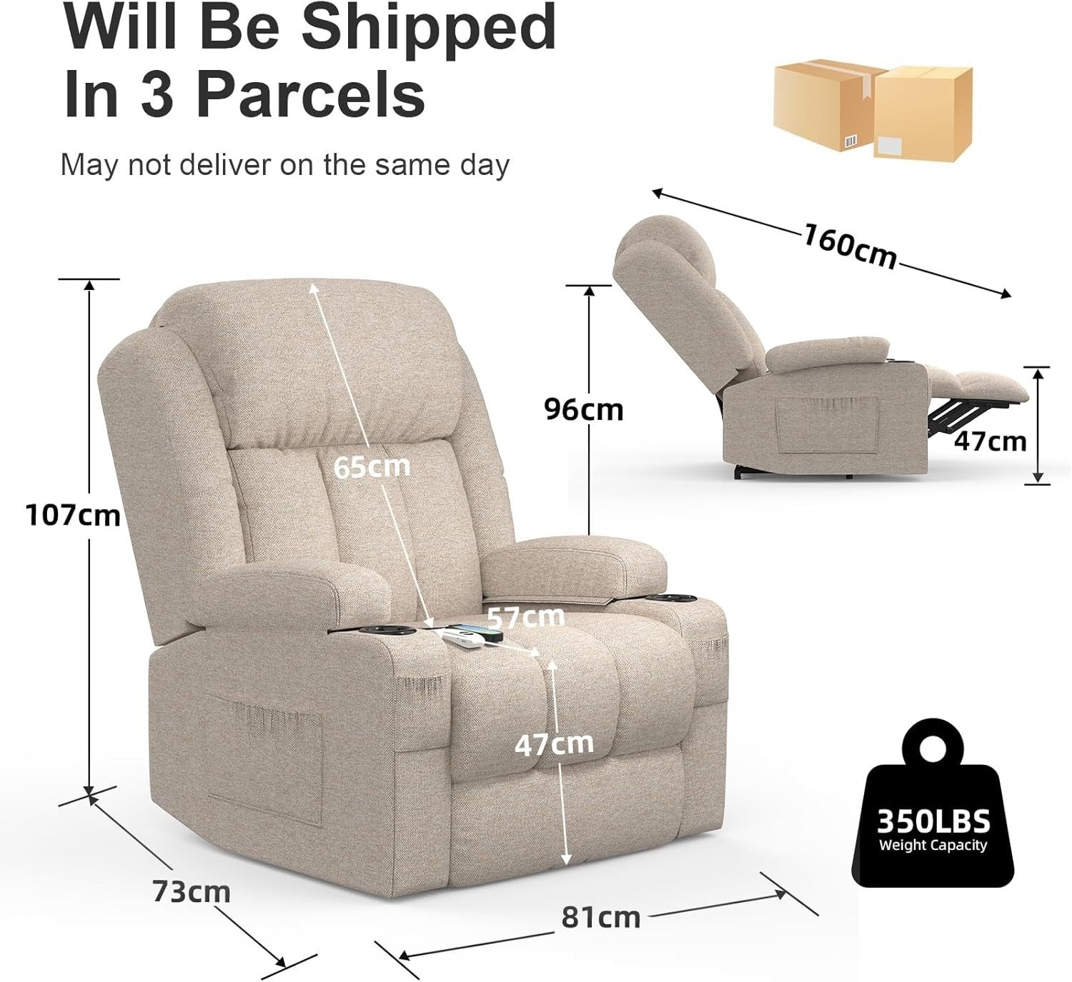 Power Lift Recliner Chair Massage Heat w/ Footrest USB Ports Cup Holders Cream
