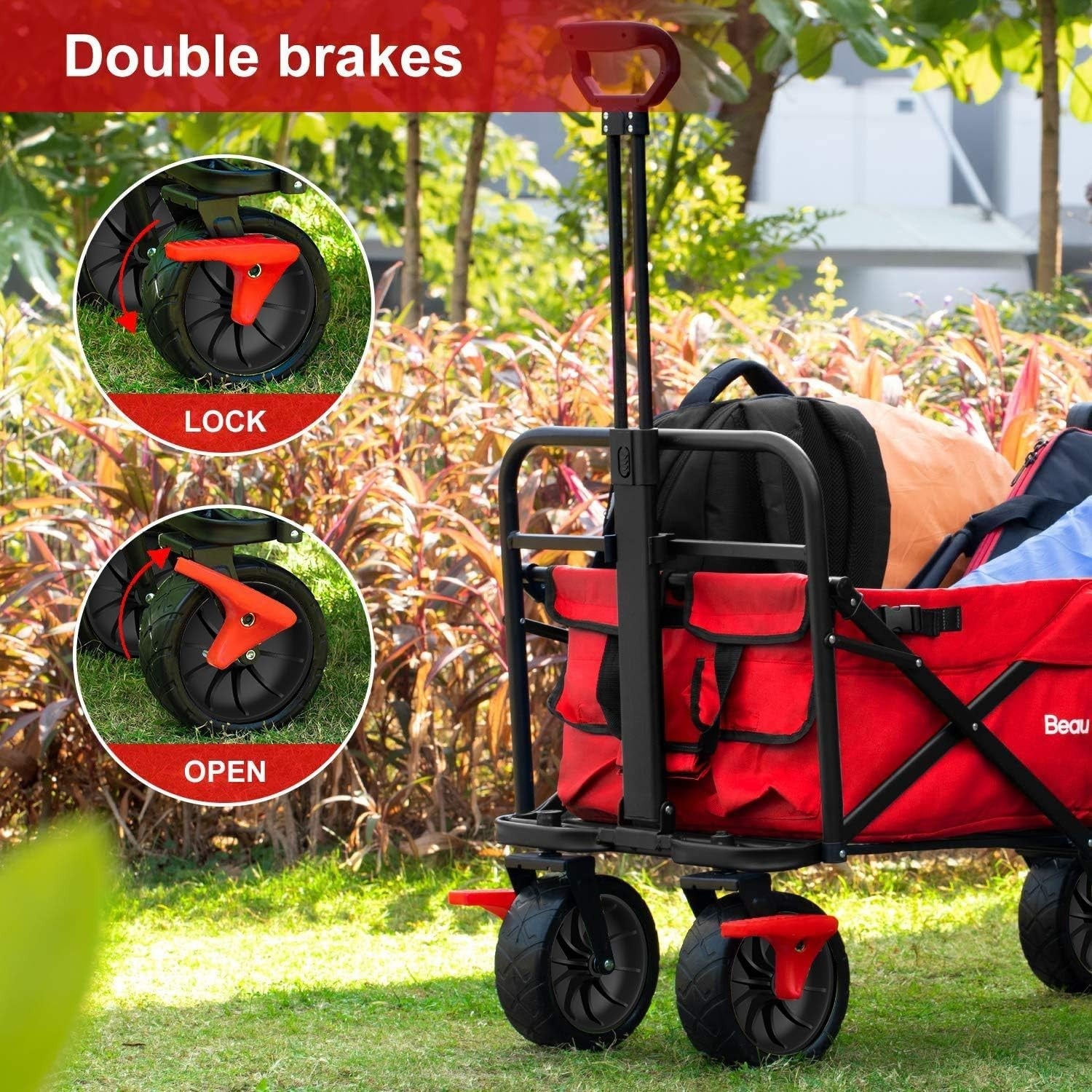 350lbs Heavy Duty Folding Beach Wagon Push Pull Cart w/ Big Sand Wheels & Brakes