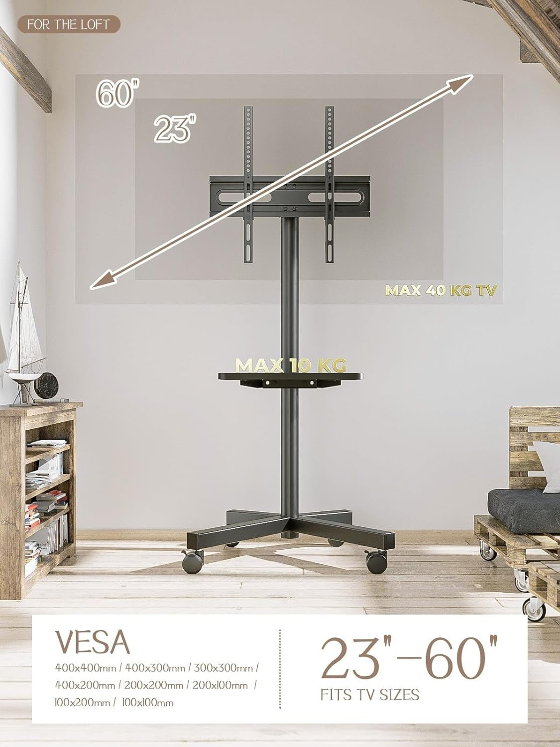 Mobile TV Stand with Shelf for 23-60" LED Curved Screens, Rolling Cart 40kg
