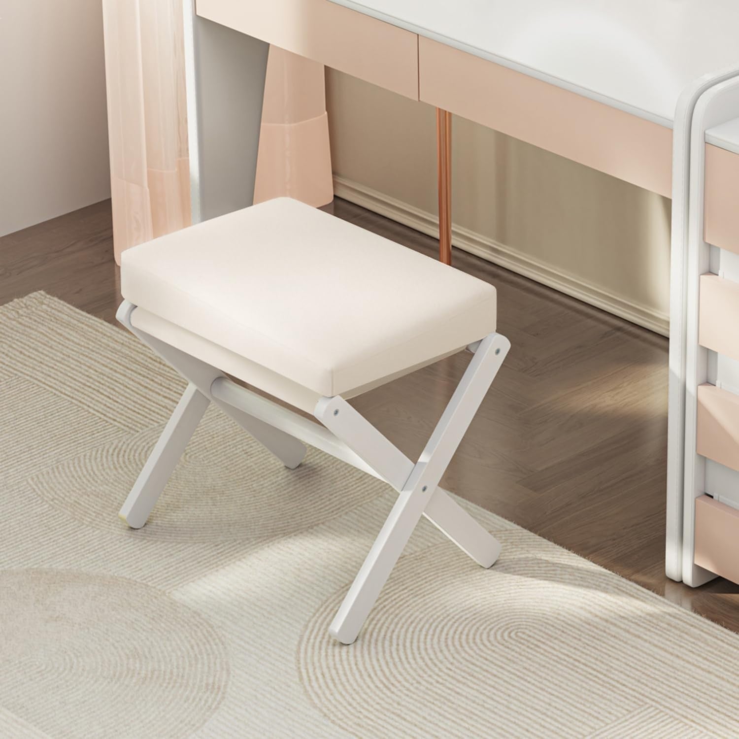 White Bamboo Foldable Footstool with Thick Cushion & X-Leg Design