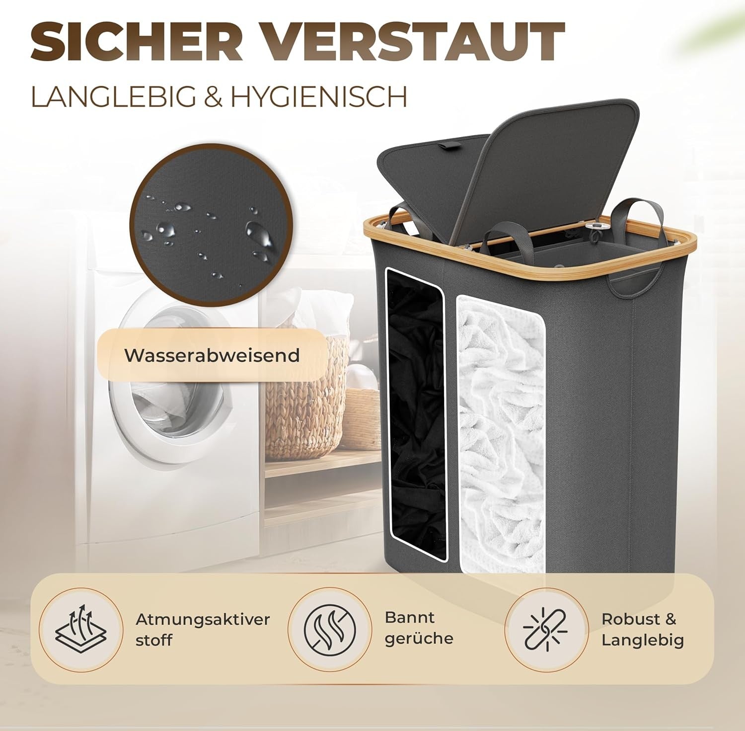 150L Foldable Laundry Hamper With Lid Large Bamboo Dark Grey Basket 2 Sections
