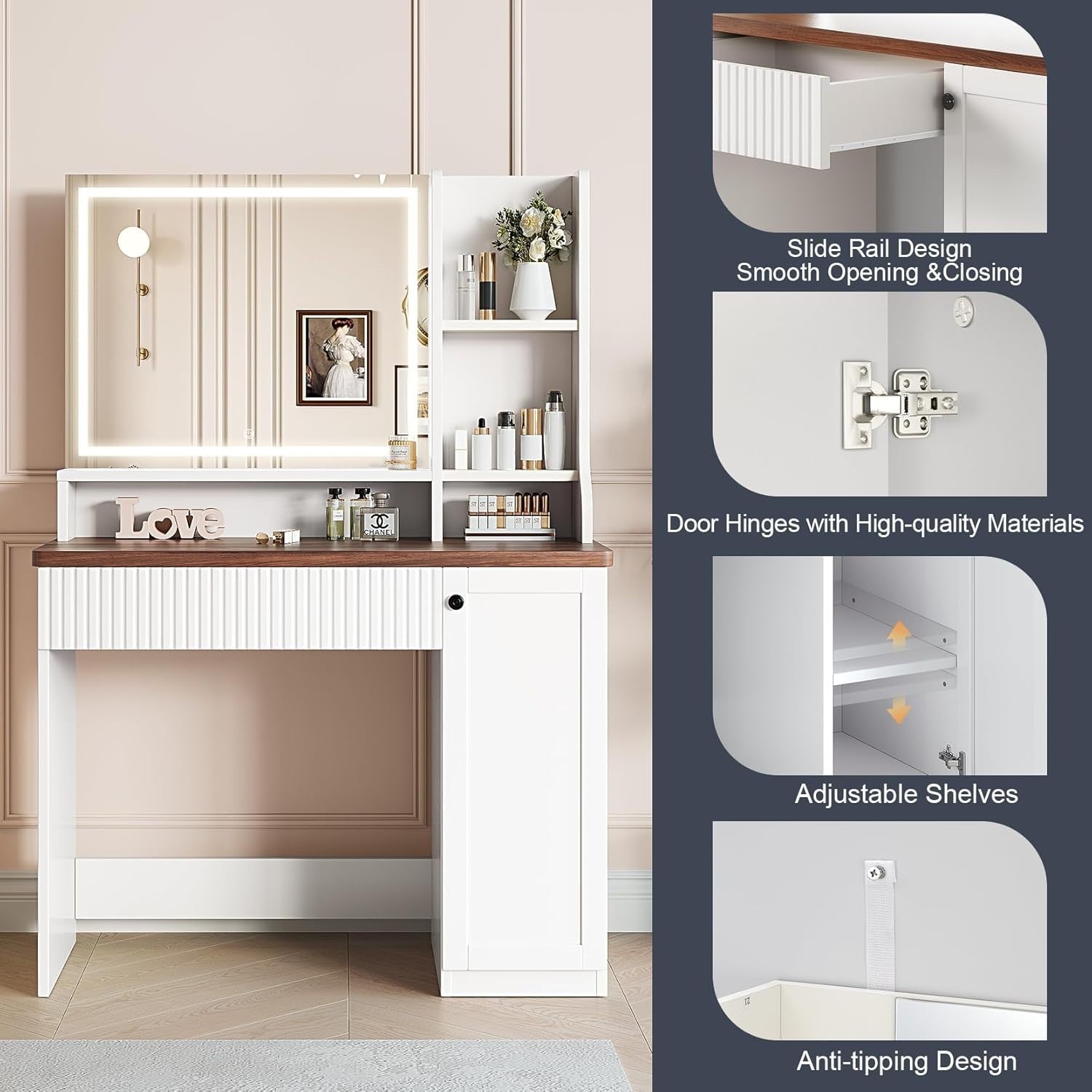 Modern Vanity Dressing Table LED Mirror Large Storage Makeup Desk Beige
