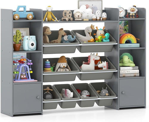 Kids Toy Storage Unit with Bins & Shelves – Large Grey Bookshelf 142cm