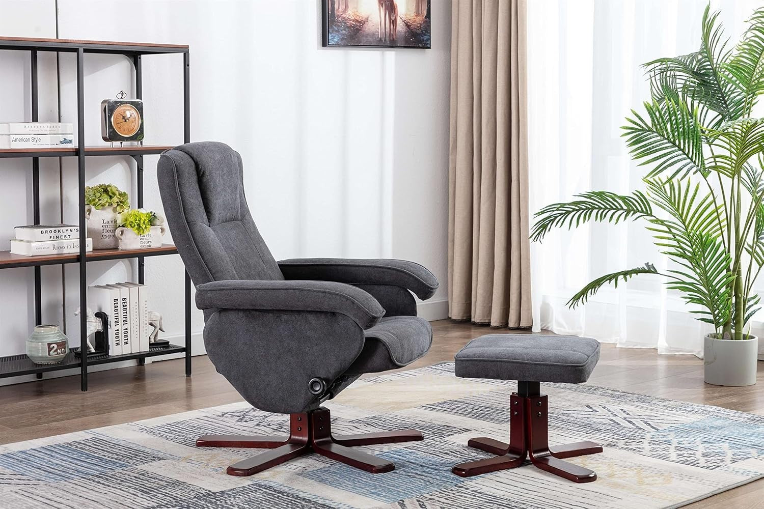 Recliner Armchair with Footstool Swivel Fabric Chair Lounge Seat Grey