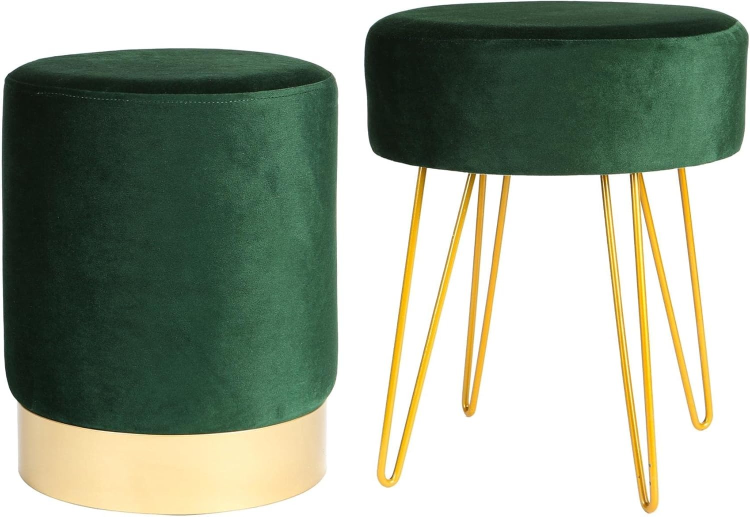 Set of 2 Green Velvet Footstools Round Pouffe Modern Accent Stools