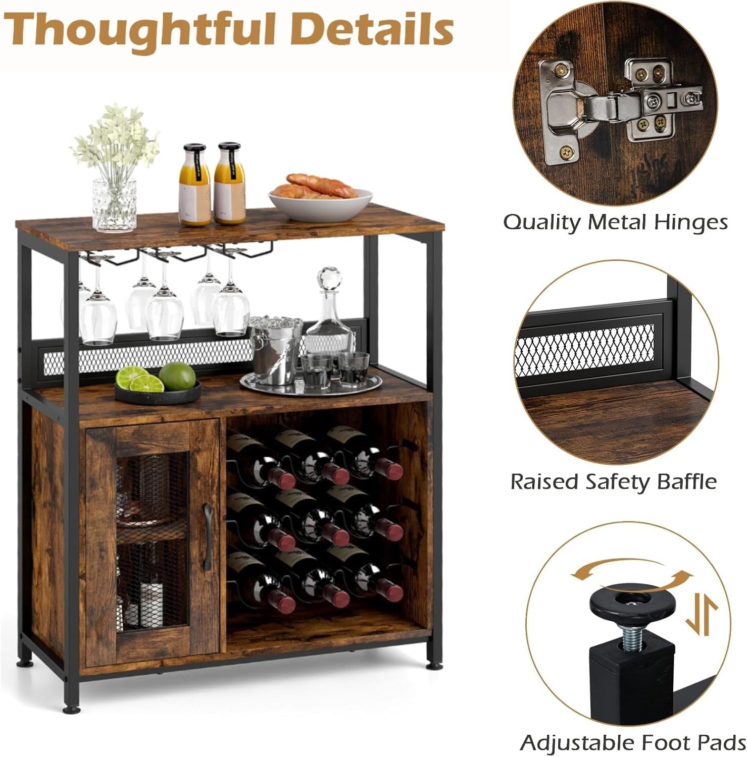Rustic Industrial Wine Bar Cabinet with Wine Rack, Glass Holders & Storage