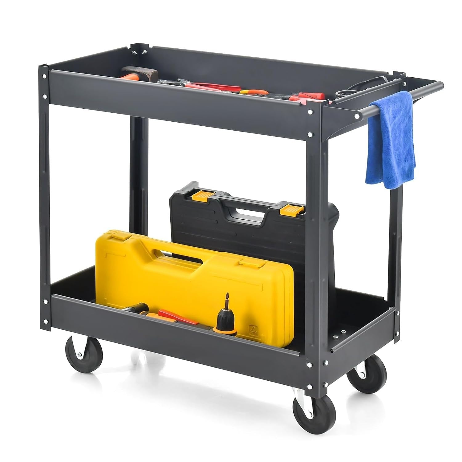 2 Tier Rolling Utility Trolley Heavy Duty Storage Cart with Wheels Black