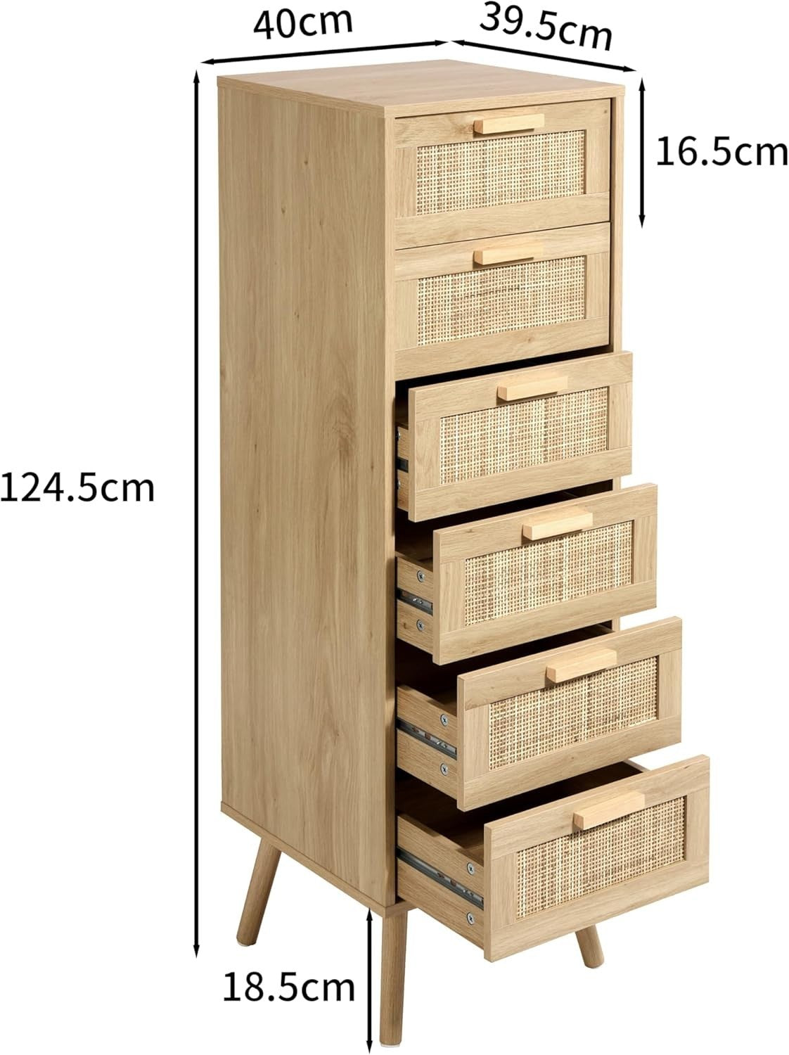 6 Drawer Rattan Chest Bedroom Storage Tall Wooden Legs Compact Organizer