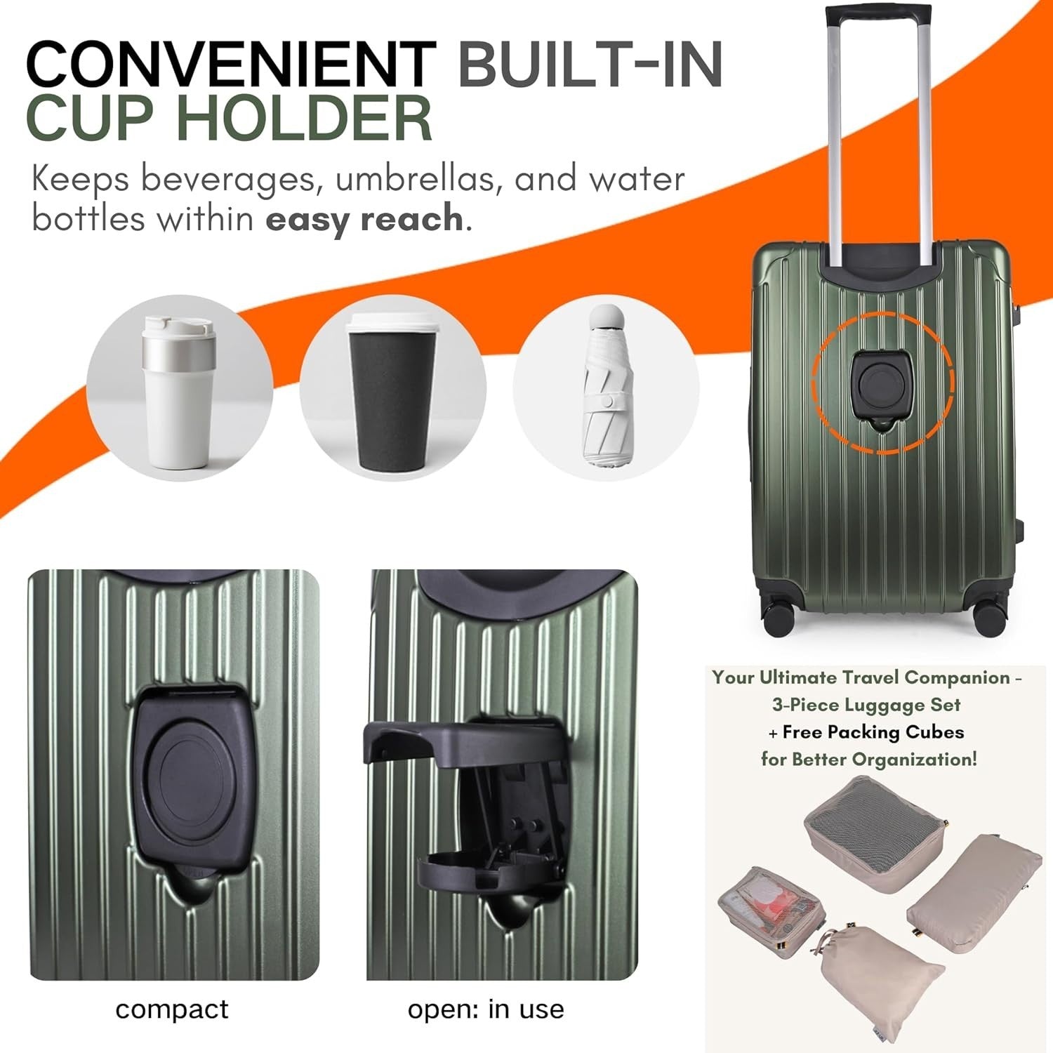 3pc Luggage Set Cabin Medium Large TSA Lock Spinner Wheels Cupholder