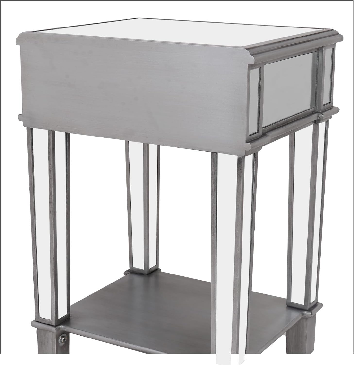 Silver Mirrored Bedside Table with Drawer & Shelf – Luxury Glass Nightstand